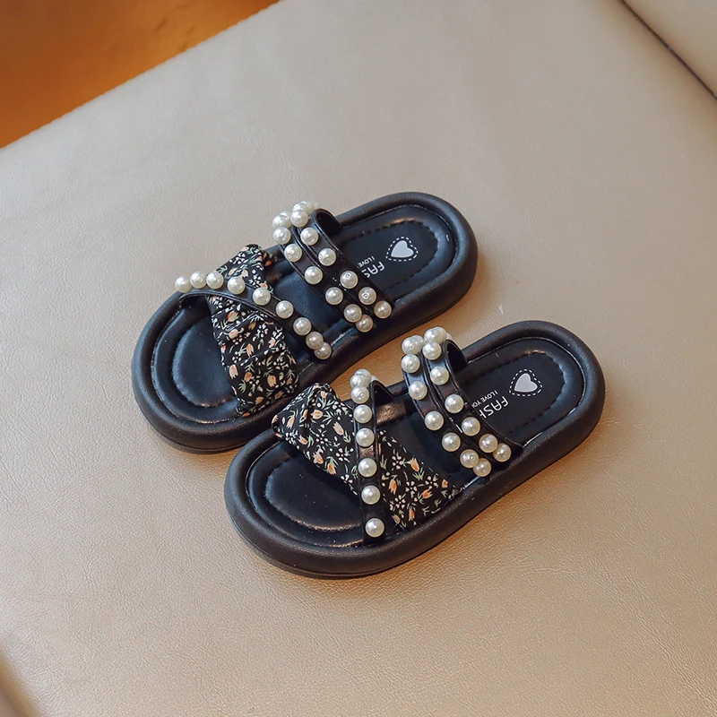 

Fashion Girls Sweet Slippers Beaded Pearls Sandals Beach Shoes Kids Baby Platform Princess Dress Shoes 3-16 Years Summer