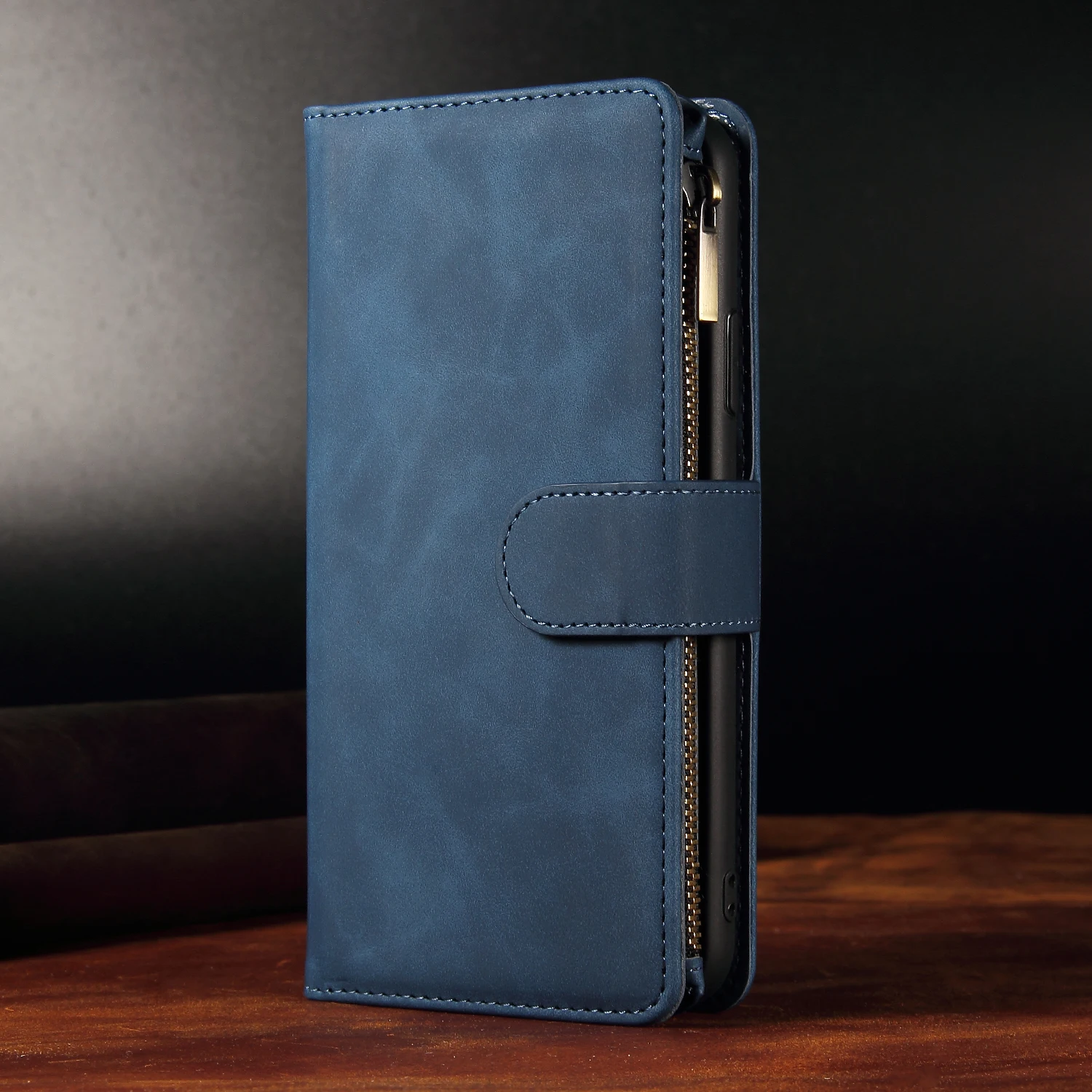 Leather Zipper Purse Flip Wallet Phone Case with Multi-Card Slots