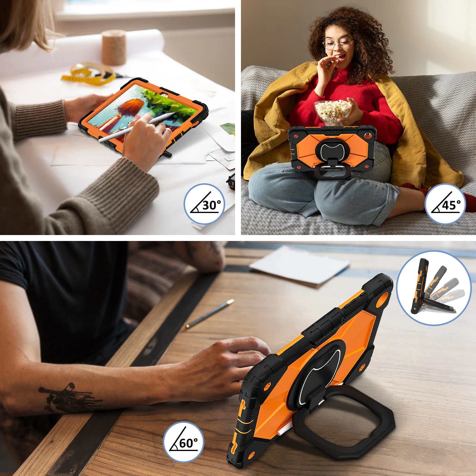 Heavy Duty Rotating Case with Stand, Handle Grip, and Neck Strap