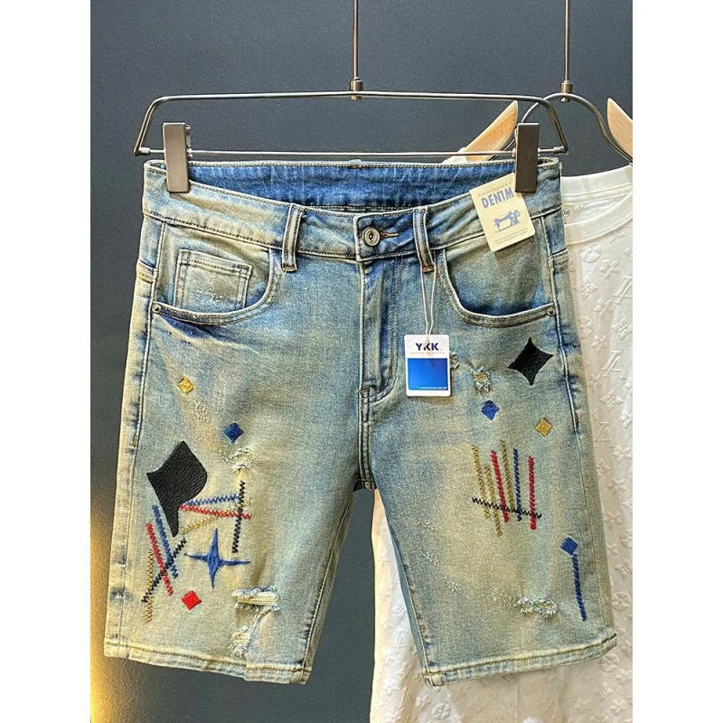 New High-End Casual Denim Shorts For Men In Summer Thin And Fashion With Embroidered And Printed Straight Leg Five Point Pants