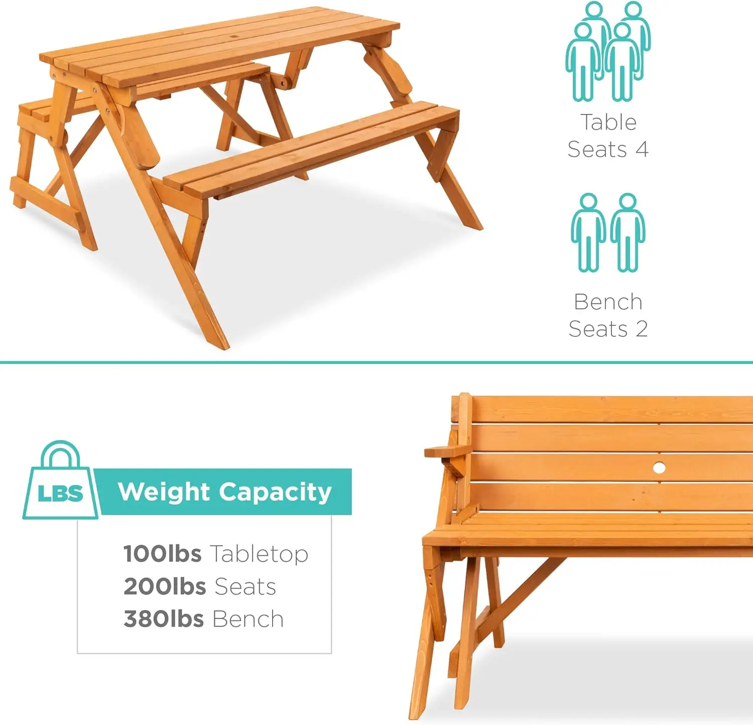 2-in-1 Convertible Wooden Picnic Table & Garden Bench 6