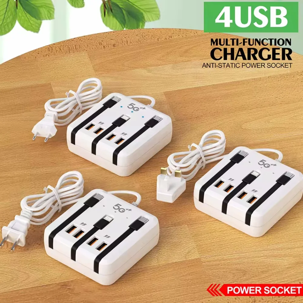 High-Speed 4-Port USB-C PD Charging Station with Integrated Power Strip and Cables