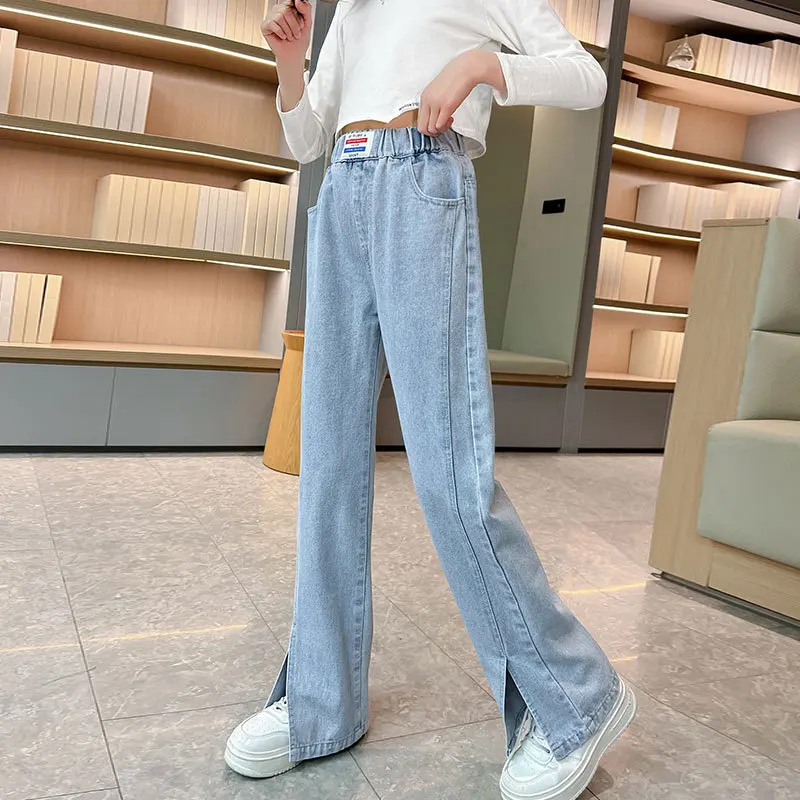 

Teenage Girls Jeans 2023 Spring Fall Elastic Waist Streetwear Children Split Wide Leg Pants Kids School Denim Trousers 5-14Years
