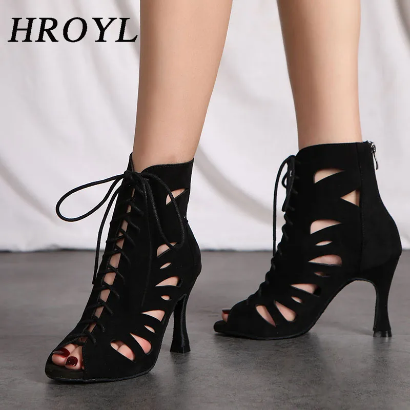 HROYL Women's Latin Dance Shoes New Lace Up Dance Shoes Unique Design Hollow Sexy Fish Mouth Jazz Tango Dance High Heels 6-10CM