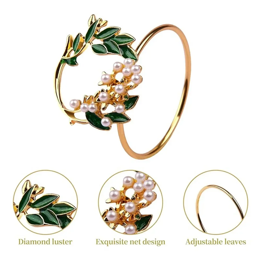 

6pcs Napkin Ring Golden Pearl Flower Napkin Rings Set Metal Napkin Holder For Wedding Party Dinner Table Decoration