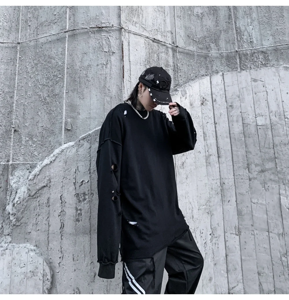 Camisolas rasgadas de manga comprida para homens e mulheres, pulôveres de ombro, streetwear com buracos rasgados, roupas grunge, sloth tops, primavera
