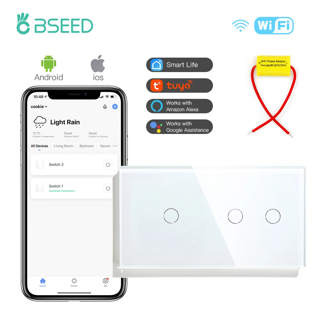 Bseed Wifi Interruptores de Parede Duplo Interruptores de Luz Inteligente Tuya Smart Life Google Alice App Painel de Vidro de Controle Remoto Padrão da ue