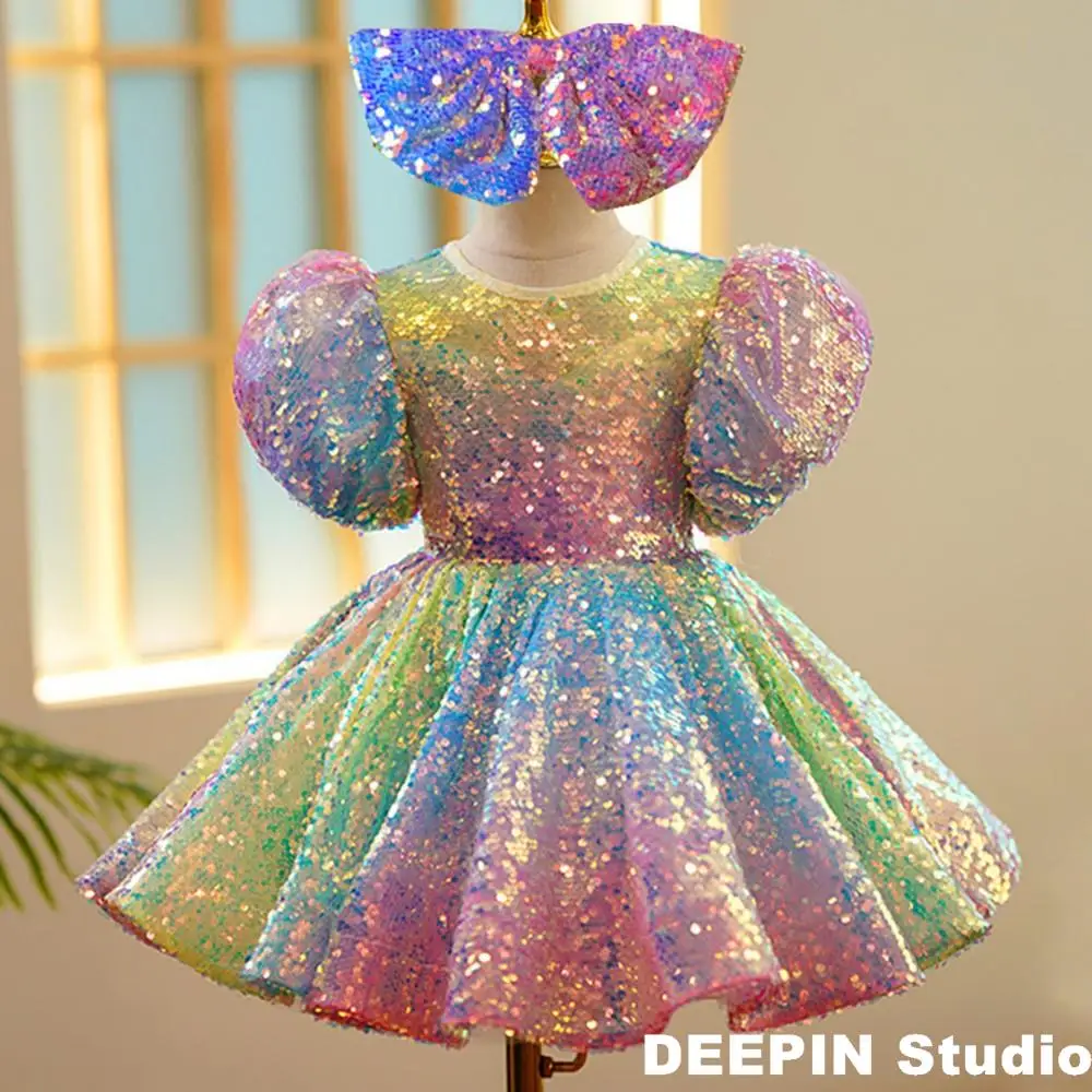 

Girls Boutique Dress Rainbow Sequins Baby Birthday Banquet Kids Party Princess Tutu Dress Little Girls Beauty Pageant Prom Dress