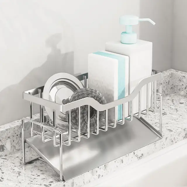 Hasznos, Könnyen Megtisztítható Mosdó Lefolyó Polc Kopásálló Tároló Rozsdamentes Acél Mosogatógép Folyékony Szivacs Munkalap Állvány - Image 2