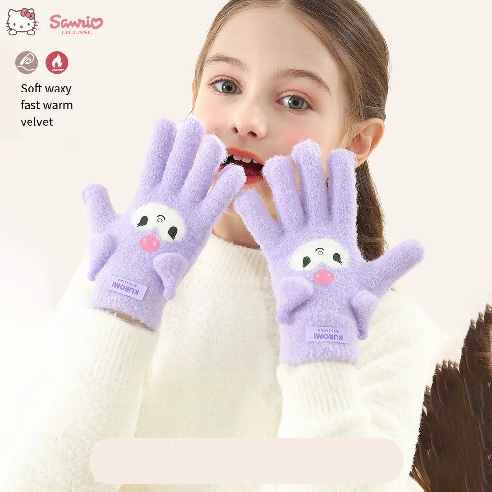 Anime Sanrios Kids Plush Gloves Cartoon Kuromi Melody Cinnamoroll Kawaii Winter Thickened Mittens Girls Five Finger Gloves Gift