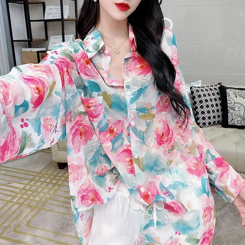 Office Lady Vintage Floral Printed Shirt Fashion Pockets Spliced Spring Summer Contrasting Colors Women's Single-breasted Blouse