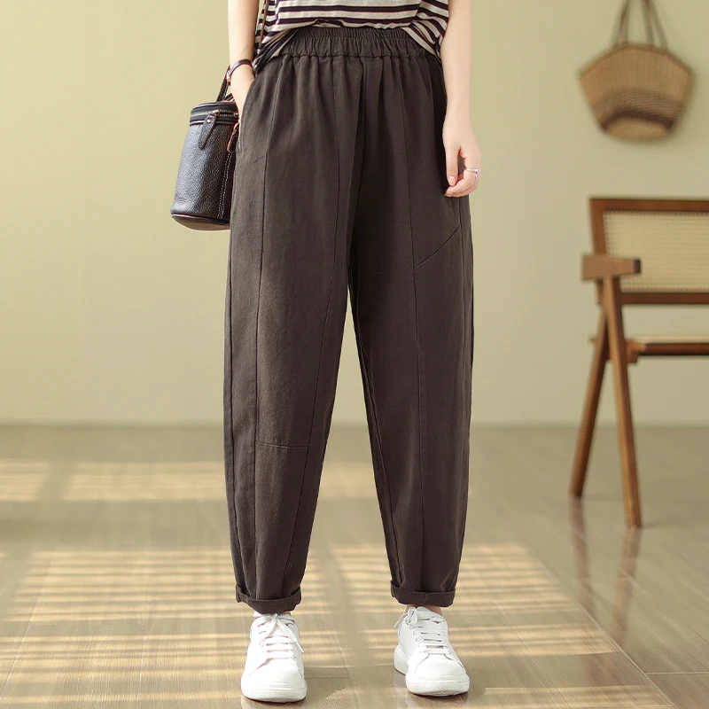 

Autumn Winter Elastic Waist Women's Casual Harem Pants Fashion Loose Pockets Solid Color Simple Office Lady Baggy Cozy Trousers