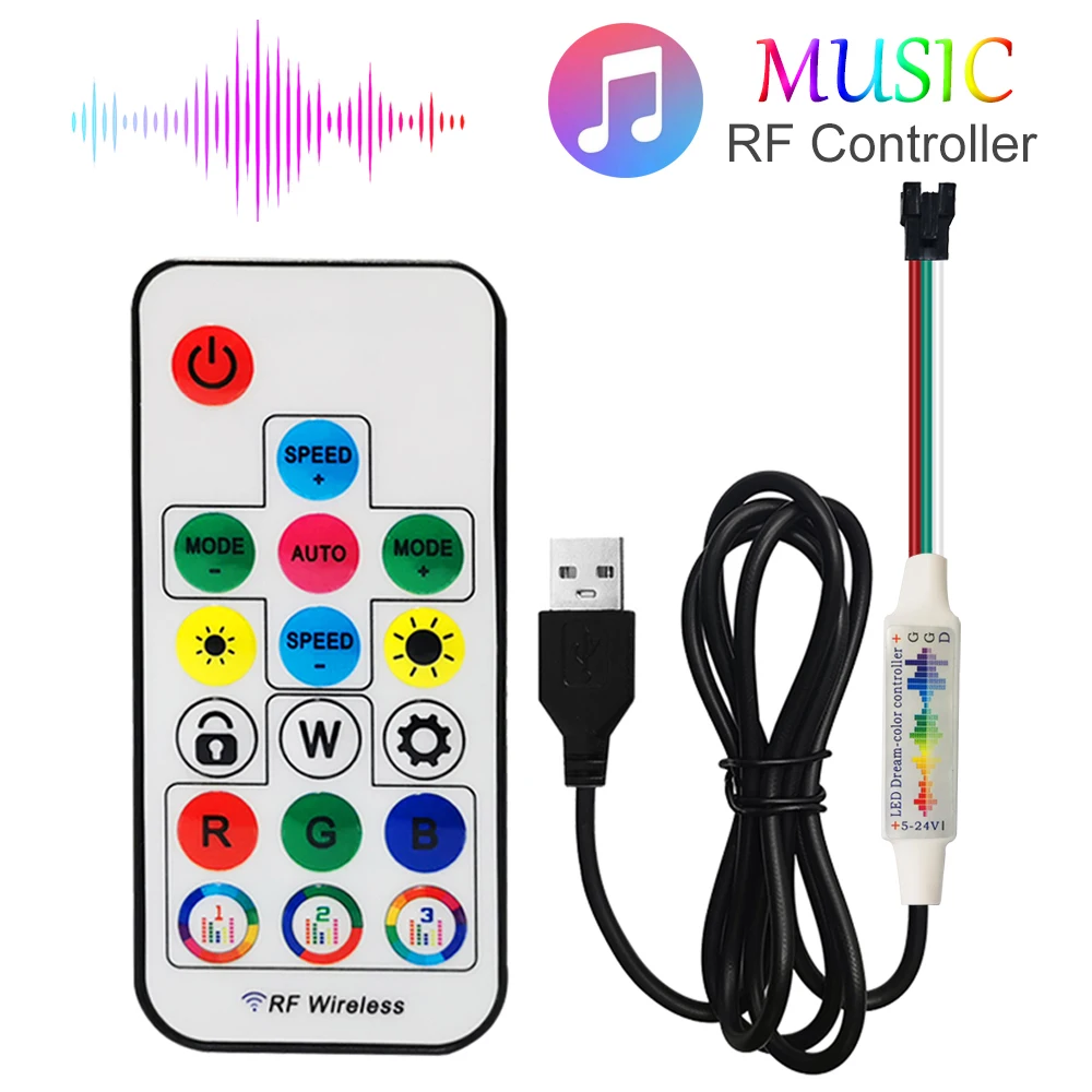 DC5-24V Mini 3Pin 17Keys Music Controller DC USB RF Remote Control 358 Modes For 5050 RGB Individually Addressable Light Strip ws2812 led strip mini 17keys music controller rf remote control 370 modes for ws2812b 5050 rgb addressable light dc5 24v dc usb