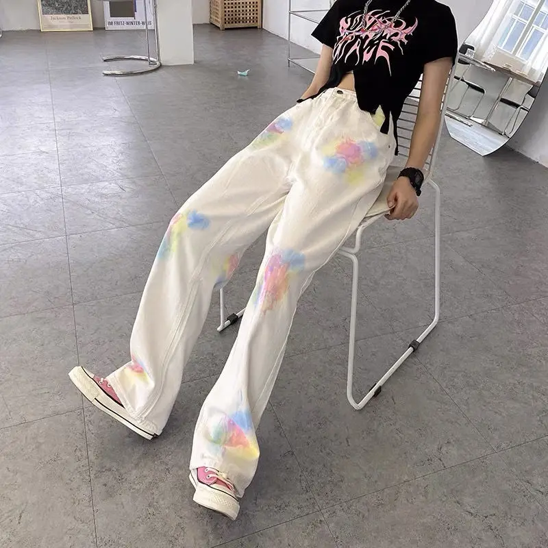 New Women Tie Dyed Jeans Spring Autumn Pocket Painted Pattern Washing High Waist Fashion Casual Loose Versatile Wide Leg Pants