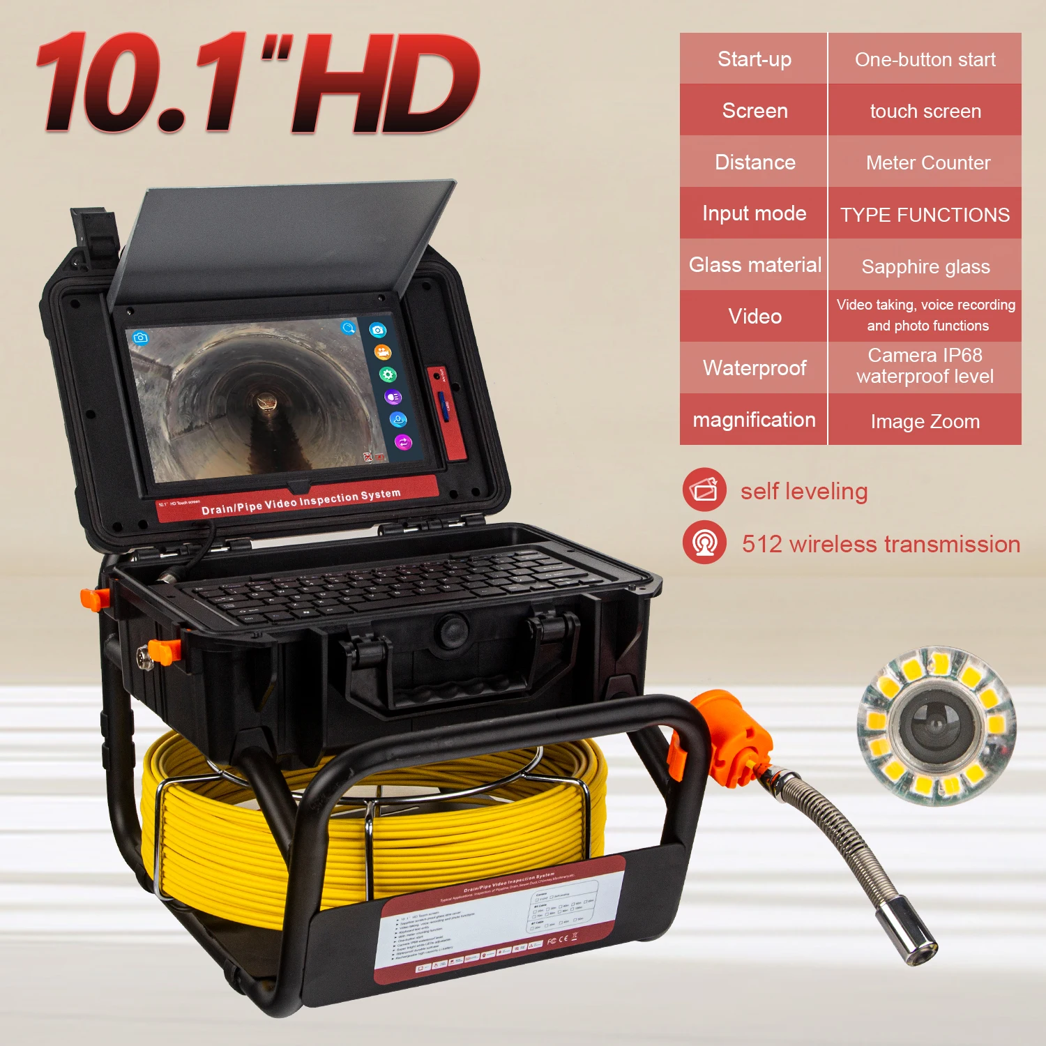 Pipe Inspection Camera 10.1inch HD 1080P Screen and Self-Leveling 512HZ Transmitter Video +Audio Recording +Meter Counter 23mm pipe inspection camera sewer 512hz transmitter sonde locator video snake inspection camera system 7 screen meter counter