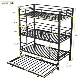 Triple Bunk Bed with Trundle Metal 3 Single Beds 2 Ladders Safety Rails Sturdy & Stylish Twin/Twin/Twin Space-Saving Design 2