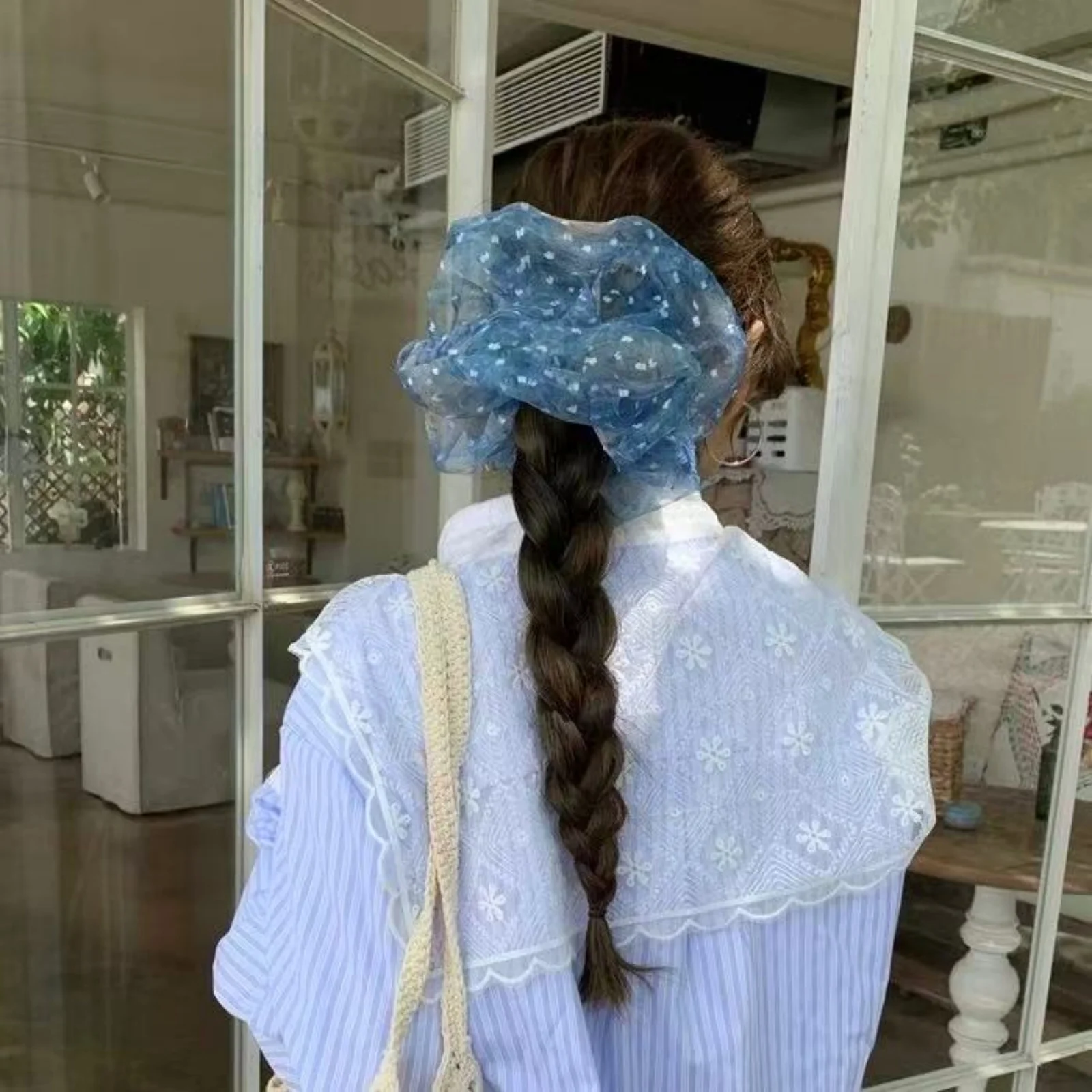 1PC Blue Organza Scrunchie, Sheer Hair Accessory with White Patterns, Great for Creating Elegant Braided Styles