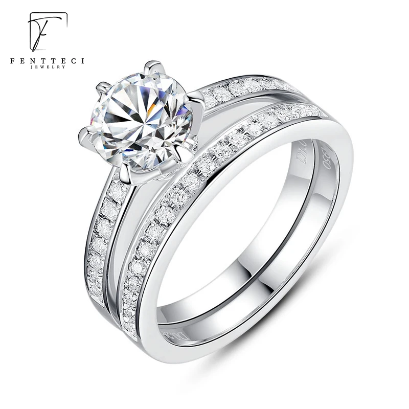 

FENTTECI S925 Sterling Silver Platinum Plated Moissanite Diamond Ring for Women Luxury A Set Of Ring Wedding Bands Fine Jewelry