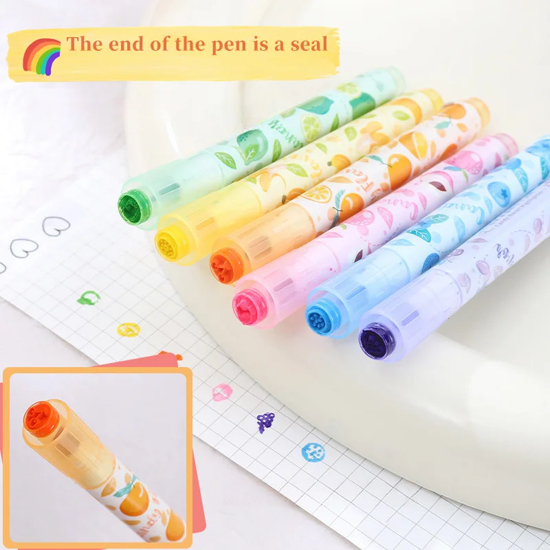 Creative Fruit Scented Soft Tip Highlighter Pens with Stamp for DIY Journaling Note-taking