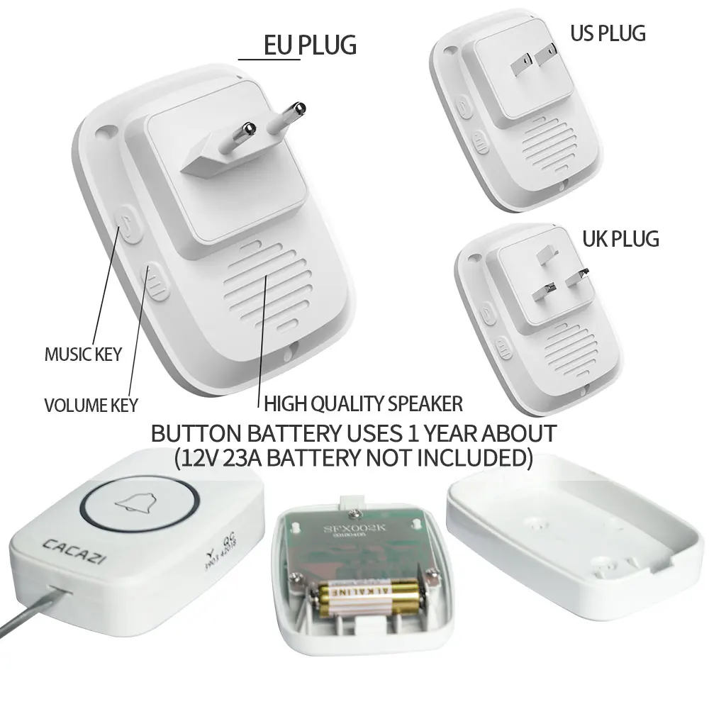 Wireless Waterproof Doorbell 300m Range US EU UK Plug Home Intelligent Door Bell 60 chimes 0-110db Cordless Calling Bell for CACAZI wireless doorbell