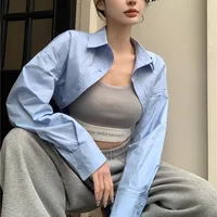 Chemises Super courtes pour femmes, Streetwear, taille haute, manches longues, couleur unie, hauts courts assortis, nouvelle mode d'été 3