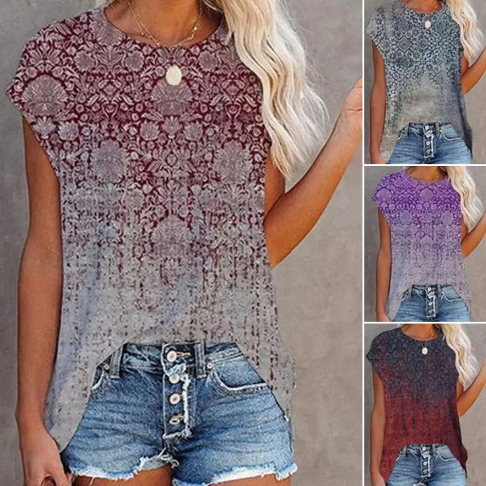 

Vintage Women T-Shirt Stylish Gradient Print Top Short Sleeve Crew Neck Loose Fit Plus Size Casual Women Pullover Top Beachwear
