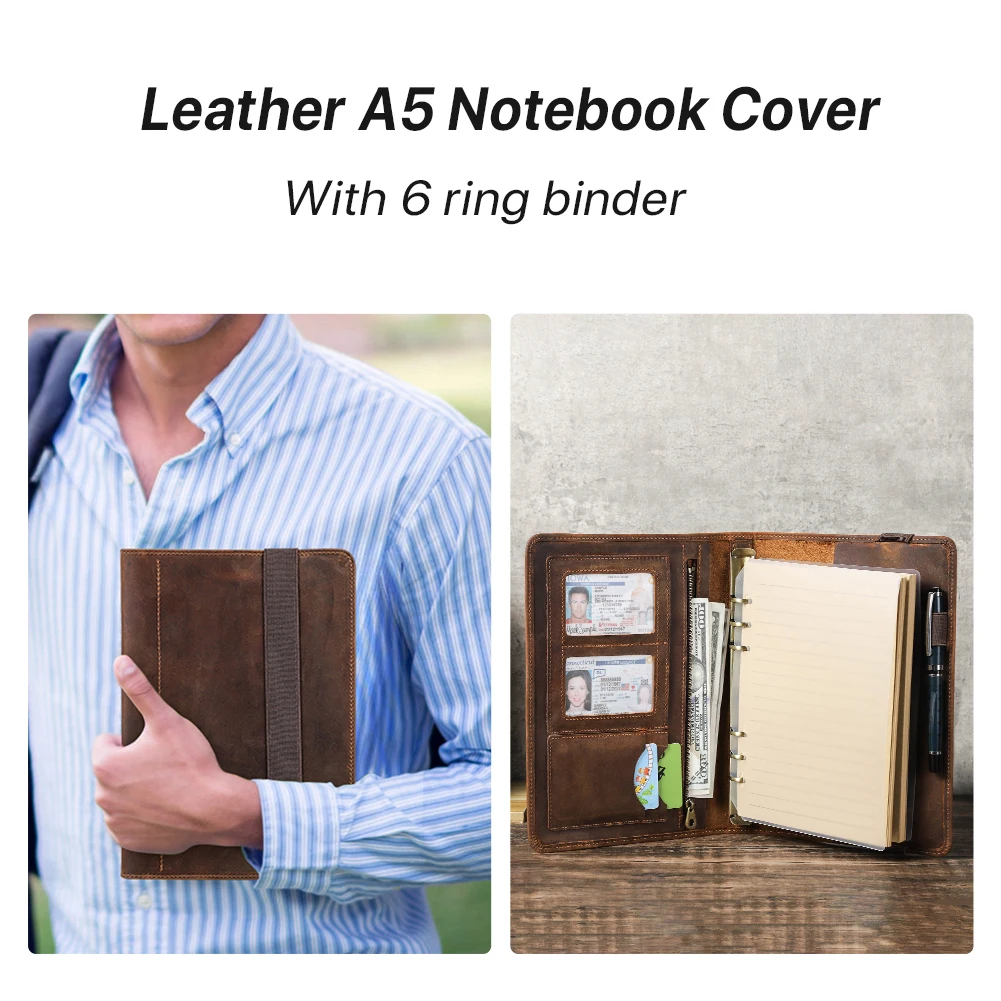 Leather Notebook Portfolio A5 with 6 Ring Binder Paper Pen Ipad Mini Holder Card Slots Travel Case