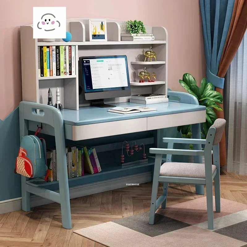 Simple Solid Wood Children Tables Learning Desk Integrated Desk and Bookshelf Modern Student Home Bedroom Writing and Chair