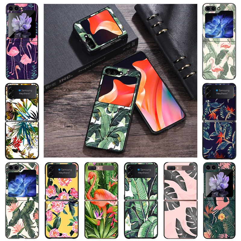 Custodie Rigide Per Samsung Z Flip 5 4 3 5G Pink Flamingo Tropical Leaves Galaxy Z-Flip4 Zflip5 Cover Nera Opaca