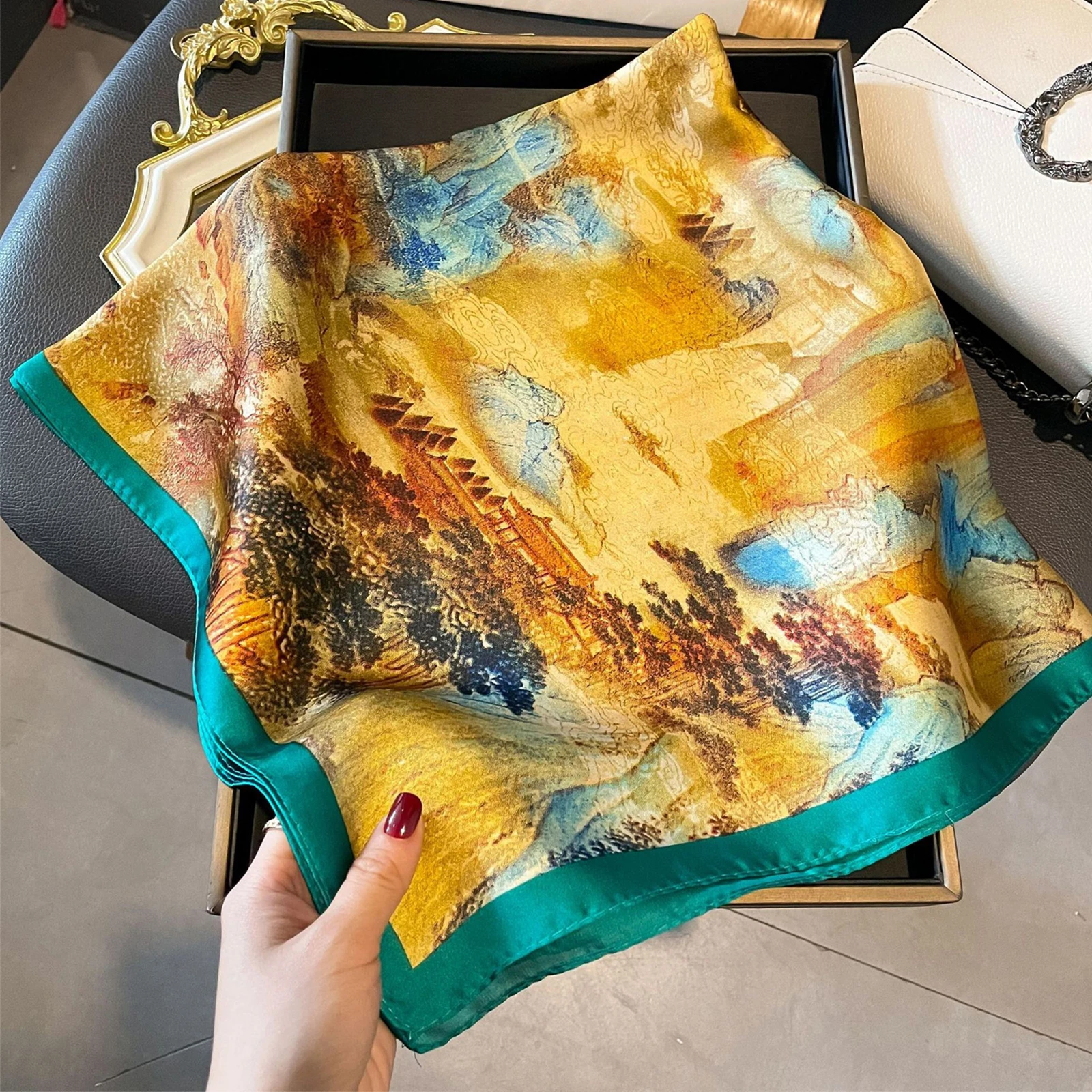70X70CM Kerchief Luxury Sailboat Print Shawls Four Seasons Square Headcloth Fashion Silk Scarves Popular Sunscreen Small Scarf 2