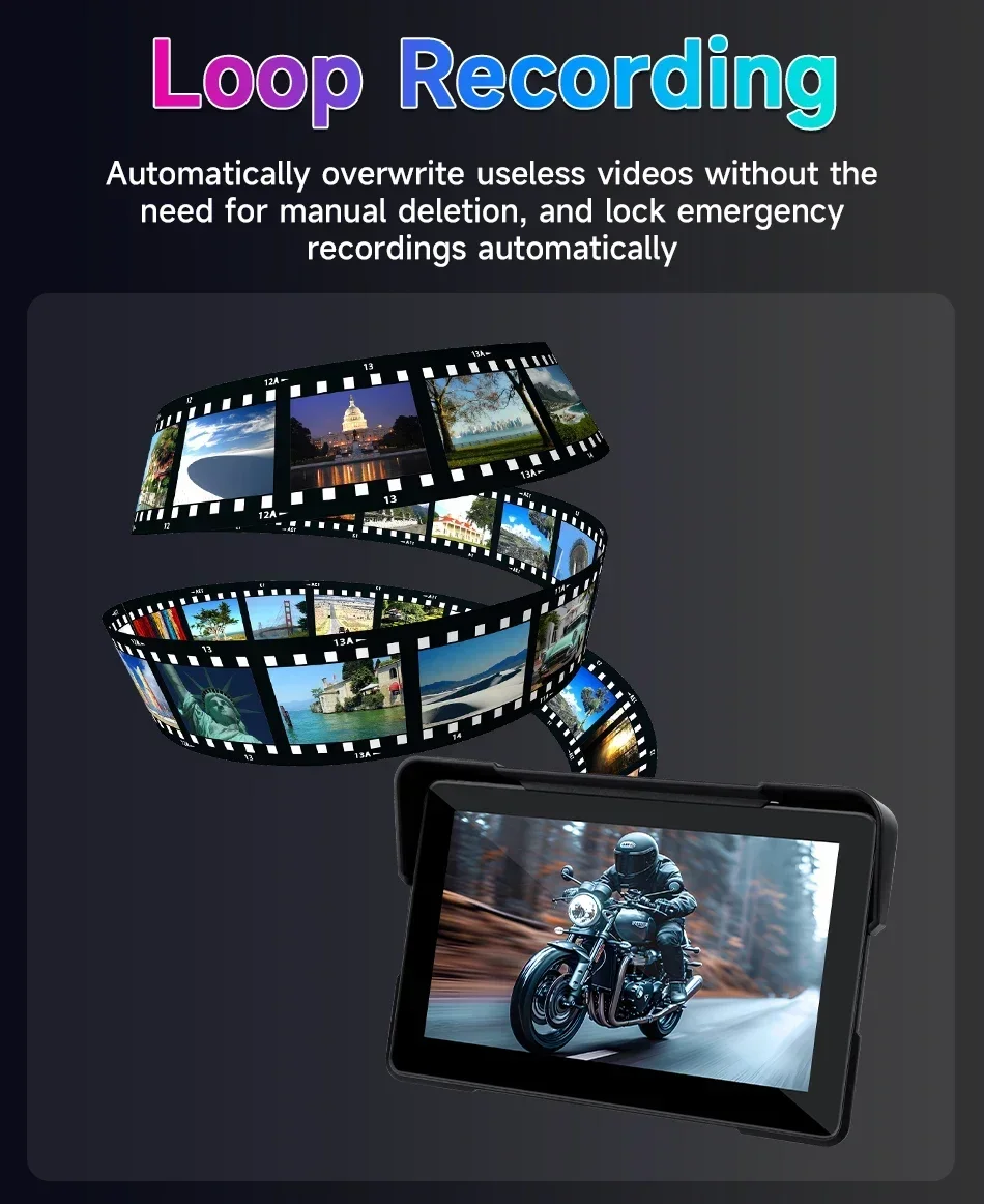 Srnubi 7 Zoll 2K HD Motorrad DVR Wireless CarPlay Android Auto Navigation IPX7 Wasserdichter Bildschirm Tragbarer Moto Monito – Detail 13
