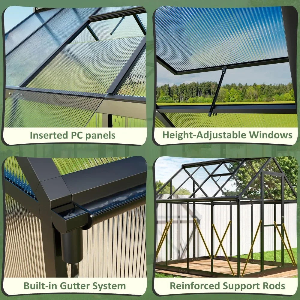 6x7.5 FT Greenhouse, Polycarbonate Greenhouse with Quick Setup Structure and Roof Vent, Aluminum Large Walk-in Greenhouse 4