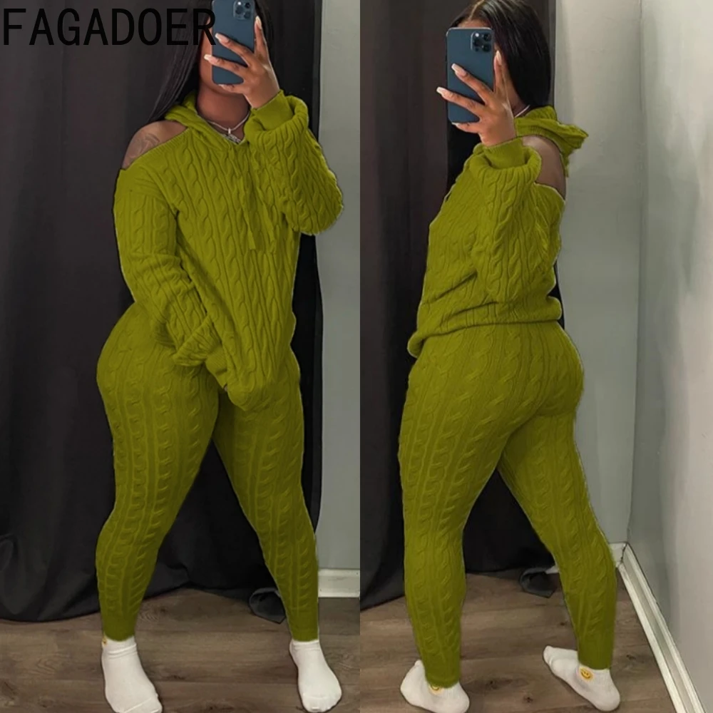 FAGADOER Winter Casual Knitted Sweater Hooded Two Piece Sets Women Off Shoulder Long Sleeve Top And Skinny Pants Outfits 2023