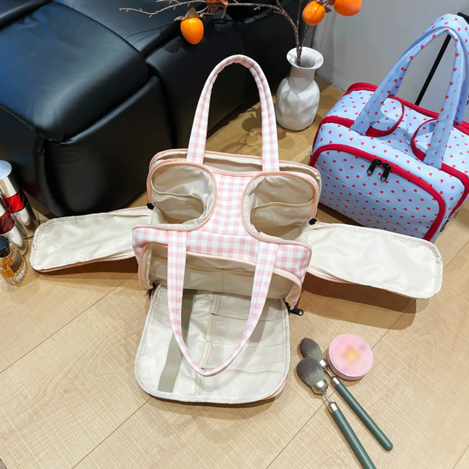 Double Wide Four Opening Large Capacity Portable Travel Storage Bag with Zippers & Compartment Cosmetic Wash Bag for Women Girls