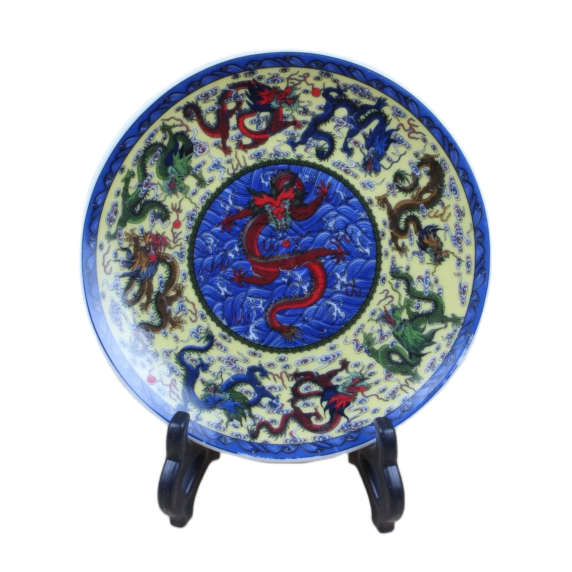 

Chinese Folk Collection Dragon Pattern Multicolor Porcelain Plate Qianlong Mark Home Decoration Ornaments Exhibits