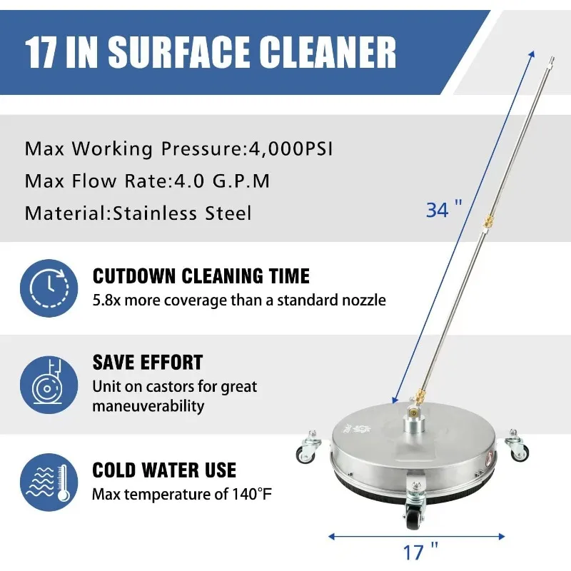 17" Pressure Washer Surface Cleaner with 4 Wheels, 1/4" Quick Plug, 2 Extension Wands, 2 Replacement
