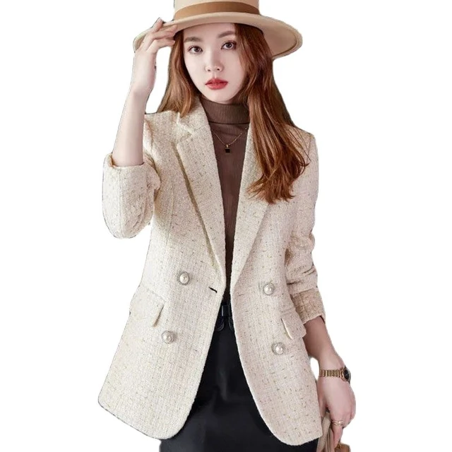 Winter/autumn Adding Cotton Thicken Blazer Women Tweed Jacket Double  Breasted Office Lady Pink Black White Suit Coat - Tailored Coat - AliExpress