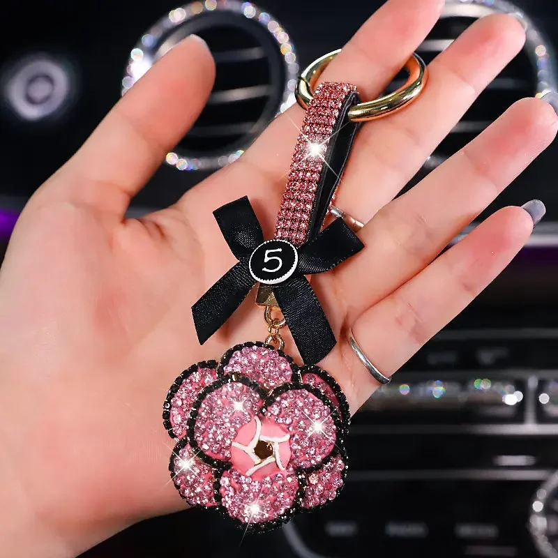 Crystal Rhinestone Camellia Flower Car Key Metal Chain Key Ring