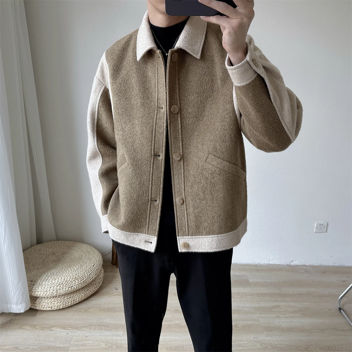 

Мужские флисовые куртки с разрезом, повседневная рабочая одежда с фиксированным воротником, модные мужские куртки из смешанной шерсти, верхняя одежда на осень-зиму 2023, Z198