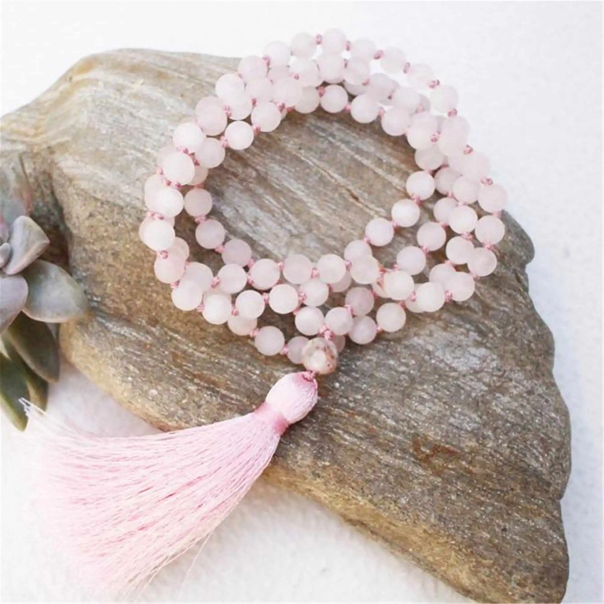 

8mm Natural Rose Quartz 108 Beads Handmade Tassel bracelet Yoga Couples Spiritual Gemstone Minimalist Statement Metal Peace