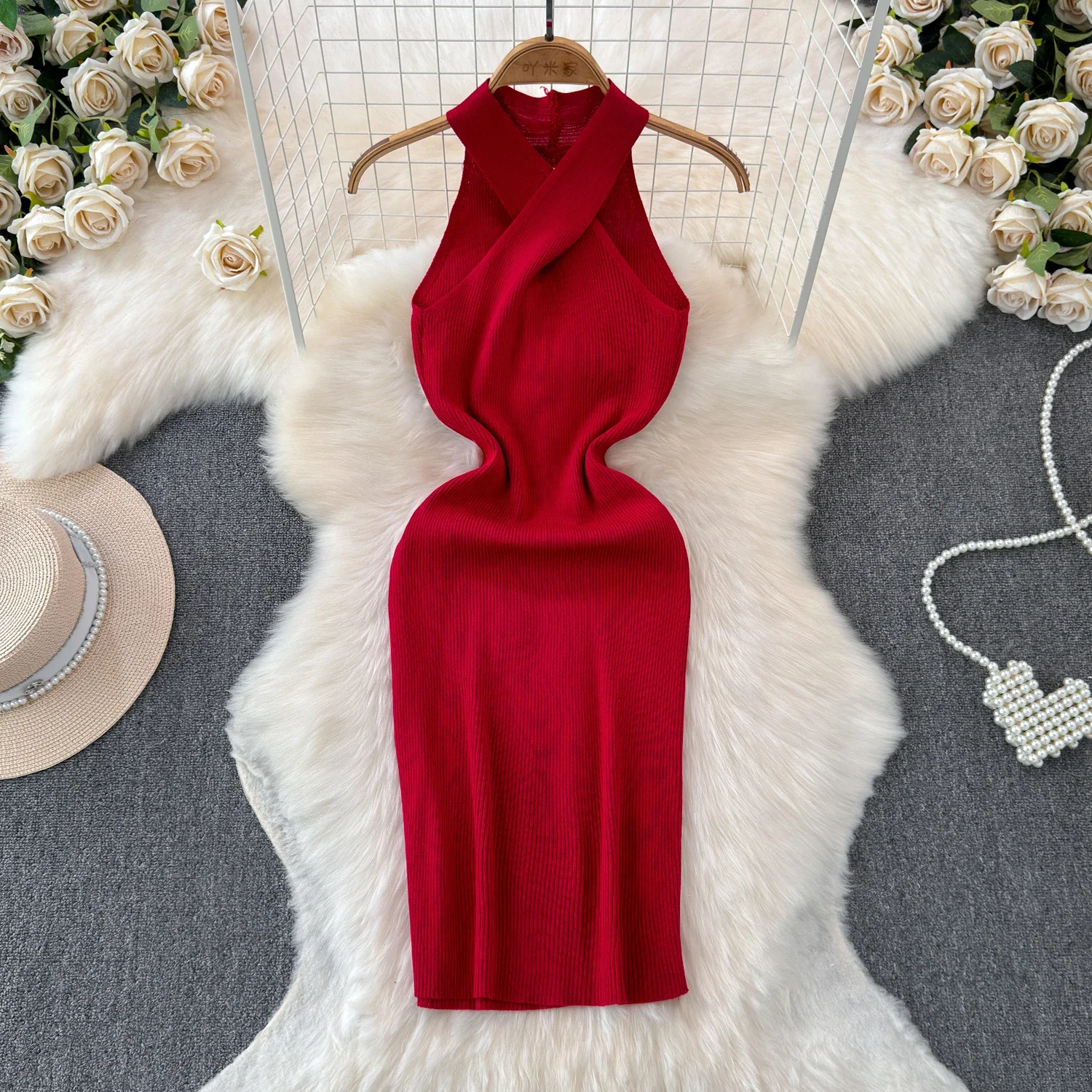 솔리드 2024 크로스 니트 여성 원피스 스트랩, 민소매 랩스커트 원피스, 유럽 스타일 홀터, 섹시한 미디 롱 원피스, 여름