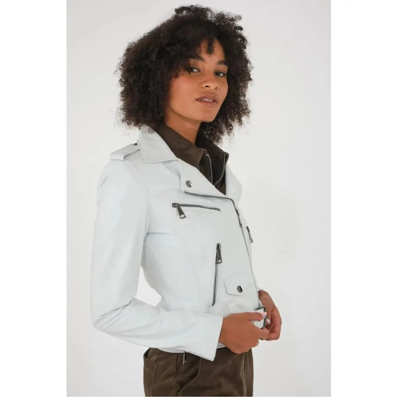 Women's White Leather Jacket Slim Fit BIker Style Jacket Fashion Trends
