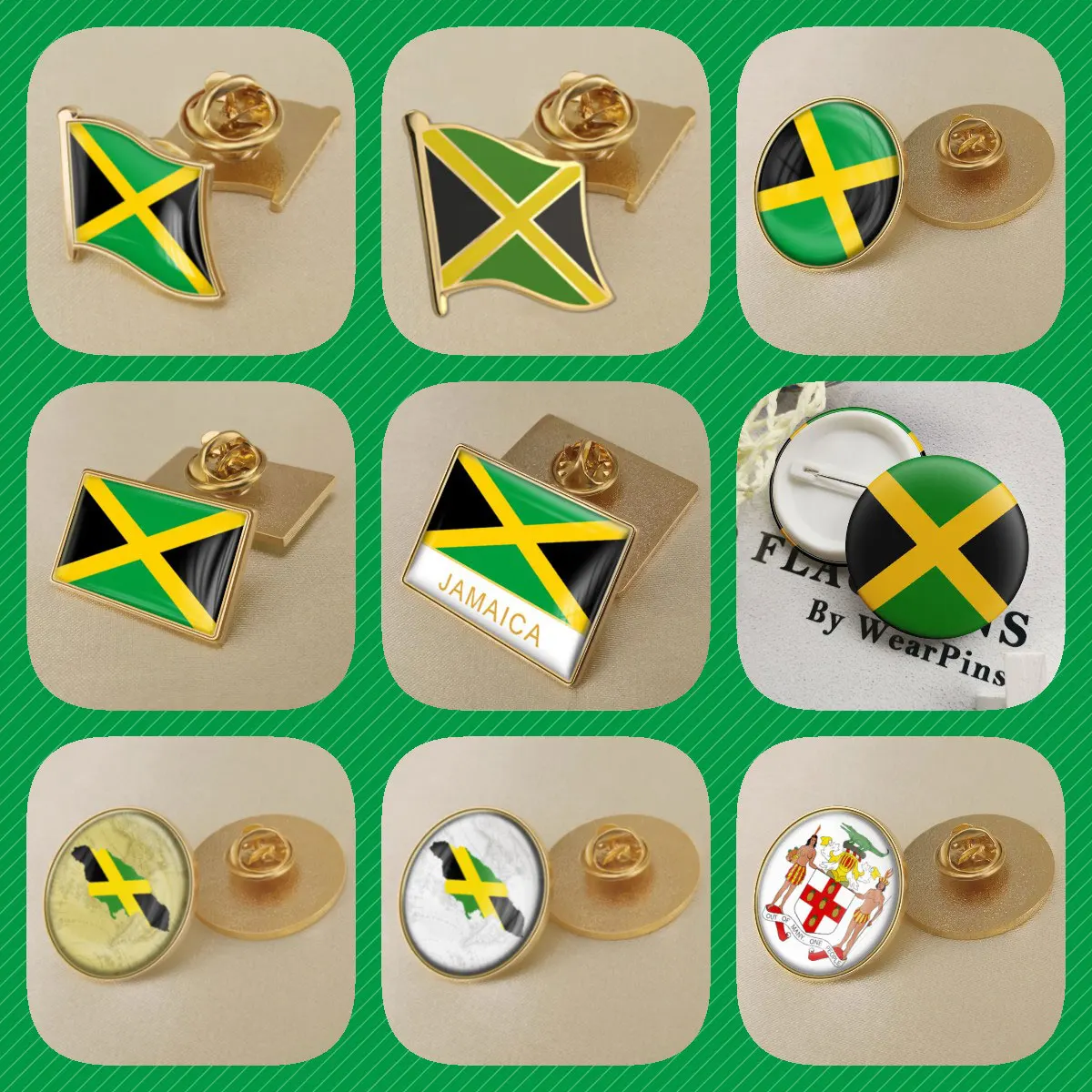 

Jamaica Jamaicans Map Flag National Emblem National Flower Brooches Badges Lapel Pins