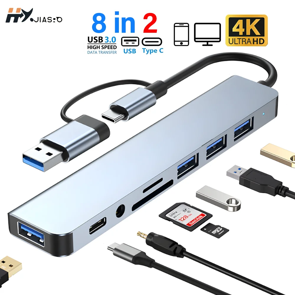 8 In 2 USB Hub USB C Docking Station Type-C Adapter To 4K60Hz HDMI 3.0 5Gbps RJ45 1000Mbps Splitter With SD/TF For Laptop