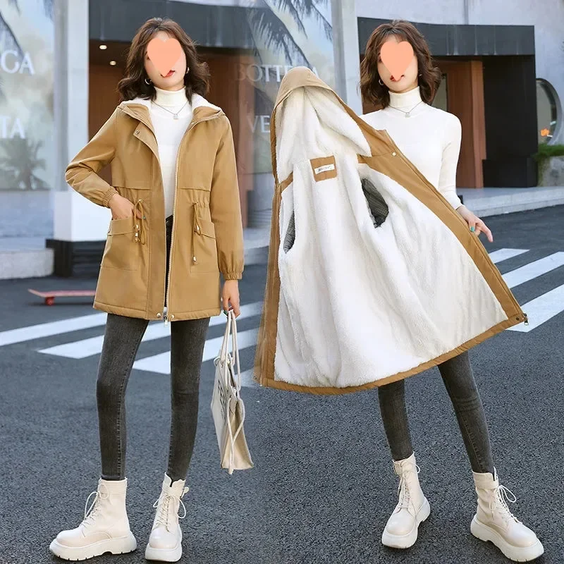 New Thickened Heavy Work Fleece Lined Mid Length Jacket Coat Lamb Fur Winter Cotton Clothes Zipper Button Original Method