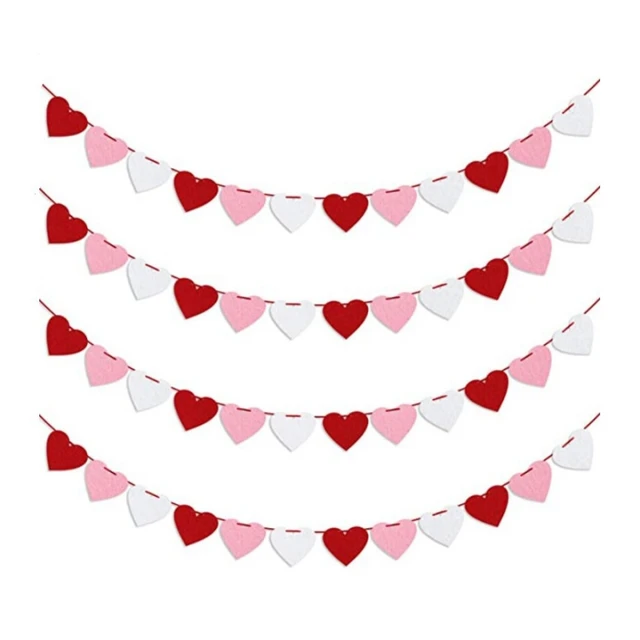 3pcs Red Hearts Felt Garland Banner Pull Flowers Valentine Wedding Birthday Party Decor Supplies Wedding Photo Props 2