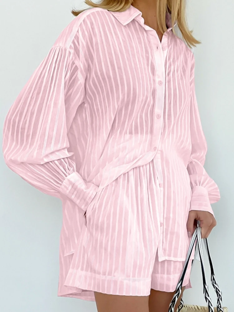 Ladies Two Piece Sets Womens Outfits Striped Ensemble Femme 2 Pièces Été Bubble Sleeve Conjuntos Feminino Elegante Loose Fit