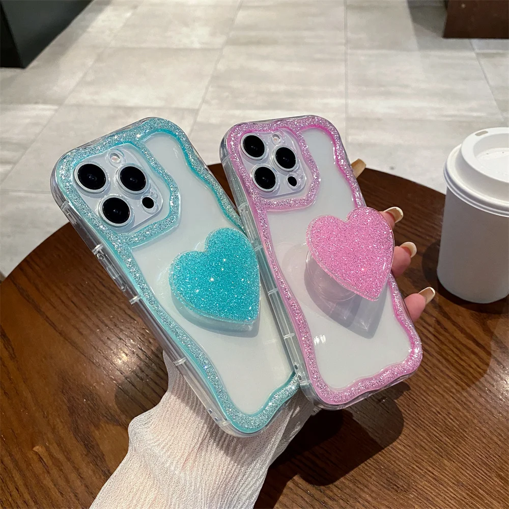Coque téléphone cœur pailletée avec support pour iphone pro max_voghion.com