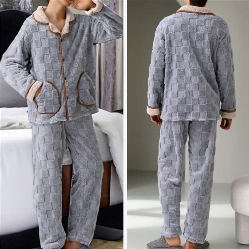 Men Winter Thickened Coral Fleece Pajamas Trousers Long Sleeve Plaid Jacquard Cardigan 2PCS Set Warm Leisure Flannel Nightwear