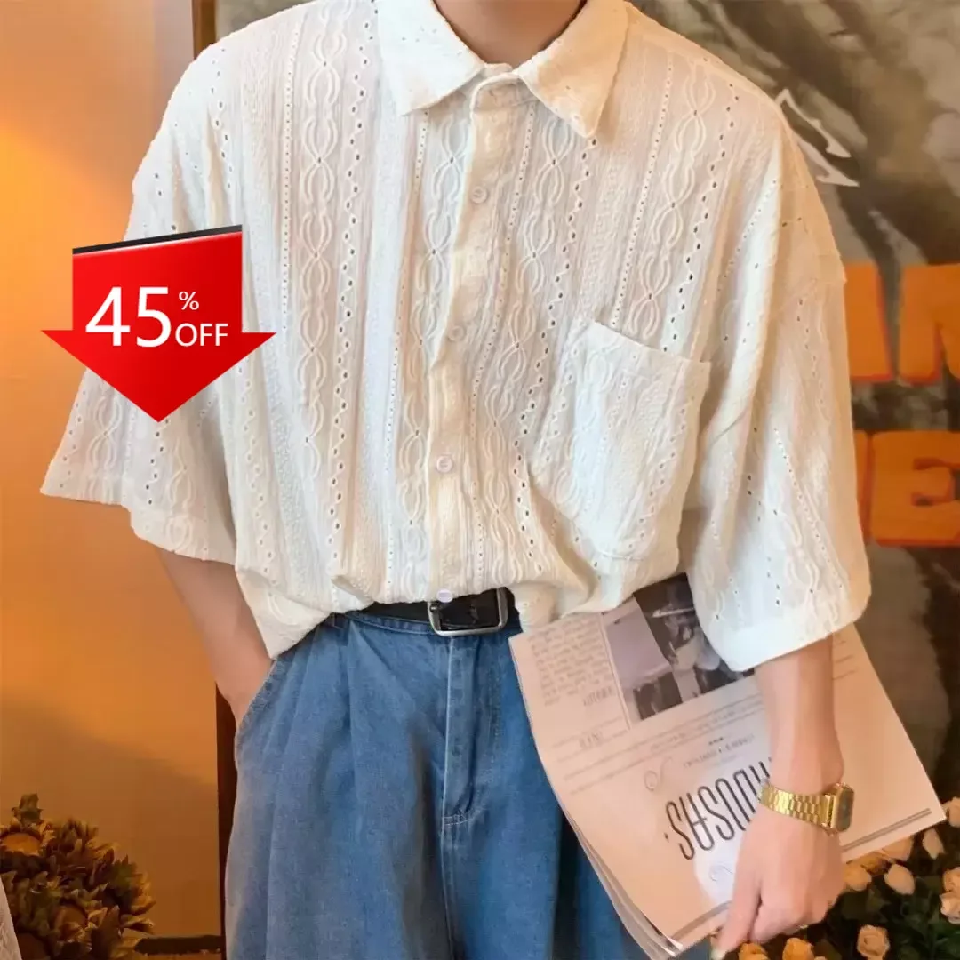 

Short-sleeved All-match Jacquard Fashionable Square Collar Solid Color Simple Fashionable Shirt for men shirt festival hombre